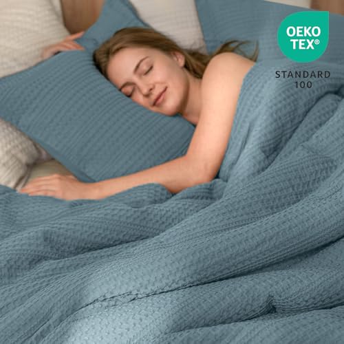 Image of PHF Soft Waffle Comforter Set Queen Size- Comfy Breathable Waffle Weave Comforter with 2 Pillow Shams, 3 Pieces Less Snagging Lightweight Textured Bedding Set for All Season, Stormy Blue