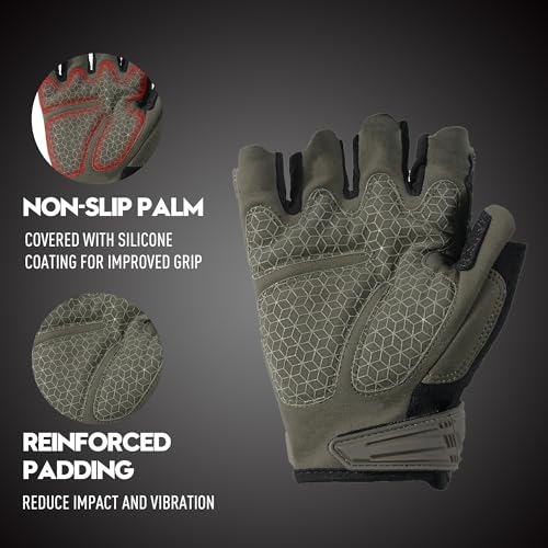 Image of HANDLANDY Tactical Fingerless Impact Gloves for Men, Padded Grip Half Finger Work Gloves, Utility Trucker Driver Gloves (Army Green, Large (Pack of 1))