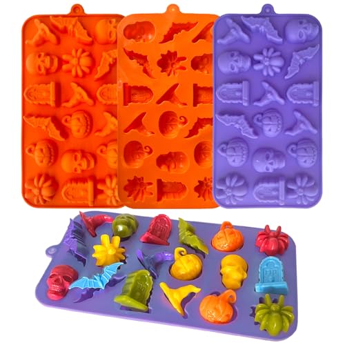 3D Halloween Chocolate Silicone Molds, 4 Pack Halloween Pumpkin Bat Skull Tomb Spider Witch Hat Shaped Molds for Candy Gummy, Ice Cube, Jelly, Cake Decorating