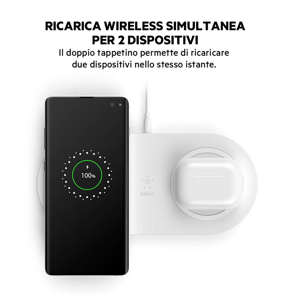 Belkin Doppio caricabatteria wireless (2 tappetini di ricarica wireless da 15 W), ricarica rapidamente 2 dispositivi nello stesso istante, inclusi iPhone, AirPods, Galaxy, Pixel e altri - Bianco