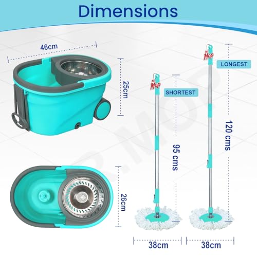 Image of Mr.Mop 360 Degree Round Spin Bucket Mop for Floor Cleaning with Rod Stick and 2 Microfiber Refill | Magic Pocha Set (Aqua Green (Steel Jali))