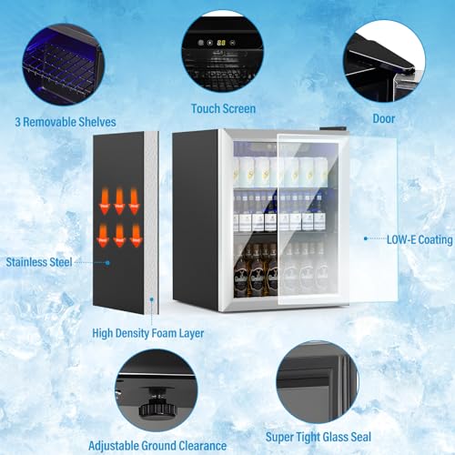 Image of 1.6 Cubic Feet Mini Fridge, 70 Can Freestanding Beverage Refrigerator with Glass Front Door for Soda, Beer Under Counter Small Refrigerator with Adjustable Shelves and Digital Display(Silver)