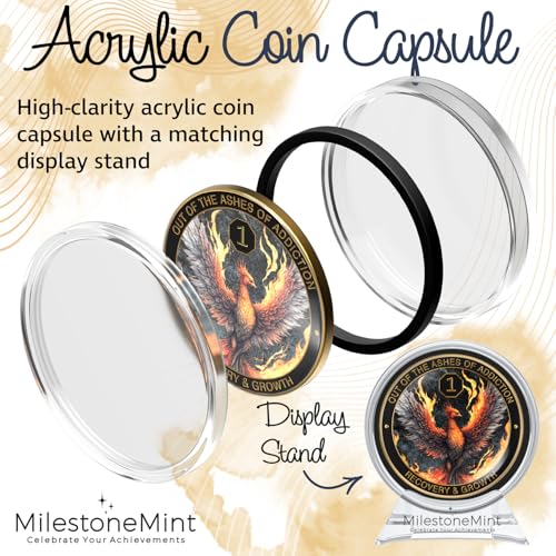 phoenix sobriety coin  aa chip medallion gift set with coin capsule display stand amp card for sober men amp women in recovery  sobriety gifts for anniversary month amp year 1 year