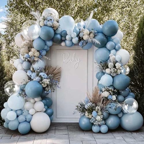 Dusty Blue White Balloon Arch Kit Double Stuffed Pastel Baby Slate Blue White Matte Latex Balloon Garland for Baby Shower Birthday Wedding Fall Party Decoration