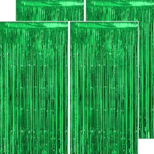 Image of Thicken Green Streamers 4 Pack 13.2x8.2 FT, Tinsel Backdrop Curtains, Foil Fringe Photo Backdrop for Dinosaur Birthday, Football, Jungle, Christmas, Golf Party Decorations