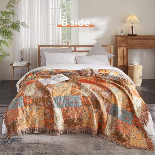 SE SOFTEXLY Boho Decke 100% Baumwolle – Doppelseitige Musselin Tagesdecke 150x200cm, Kuschelige Sofadecke & Bettüberwurf, Aesthetic Design, Ideal für Wohnzimmer & Schlafzimmer, Orange/Grün – Bild 3