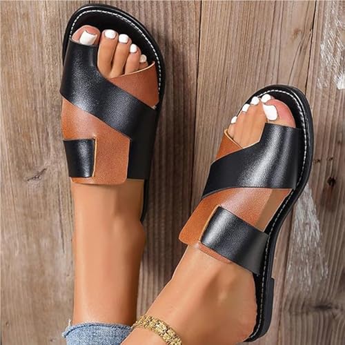 Yytcsjz Orthopedic Comfortable Arch Support Sandals for Women, Bunion Orthopedic flip flops, Women's Color Block Flat Leather Sandals, Open Toe Vacation Slip on Slides3