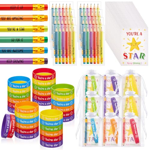 Clabby 30 Set 2026 End of Term Gifts Bulk Star Silicone Wristbands with Motivational Pencils Greeting Card 2026 Leaving School Leavers Gift End of Year/term Class Year 6 Leavers Gifts for Children