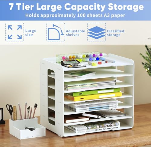 Image of 11x17 Construction Paper Organizer, PVC A3 Paper Storage Organizer for Desk 7 Tiers Scrapbook Storage Rack File Mail Sorter Document Holder Letter Tray for Office, School & Home