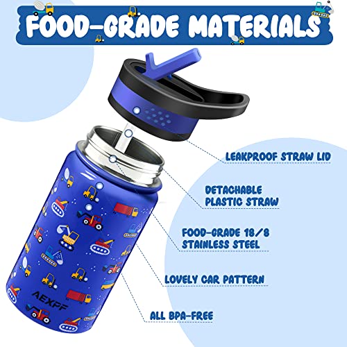 Aexpf Insulated Kids Water Bottle With Sleeve, 14 Oz Double Wall Vacuum Stainless Steel Leakproof Thermos Water Bottle With 2 Straw Lids, Portable Car Pattern Kids Cup For School Travel Camping #TOP2