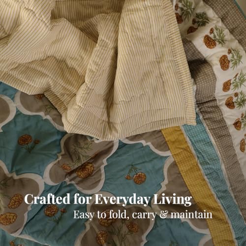 Image of Peepul Tree 100% Cotton Malmal AC Comforter 60 x 90 Inches, Best for Summers Lightweight, Soft, Breathable & Reversible AC Blanket for Single Bed, Teal & Taupe