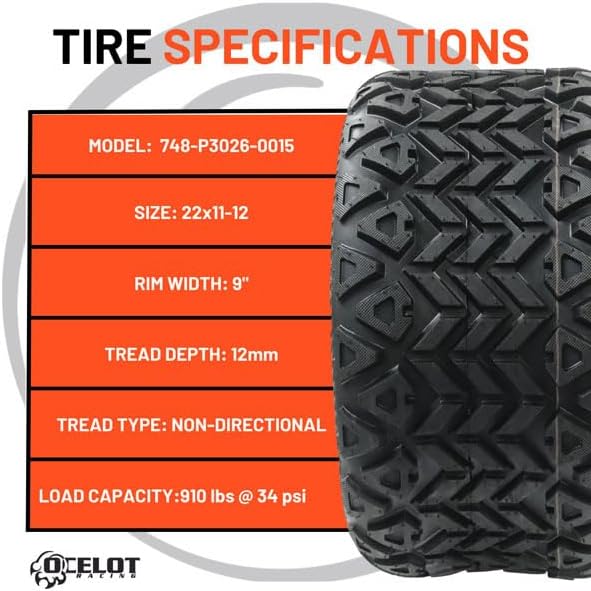 Ocelot P3026 22x11-12 Golf Cart Tires Rugged 6-Ply Multi-Terrain Tire with Superior Traction and Mud-Resistant Self-Cleaning Tread Design for Long-Lasting Performance on Any Road