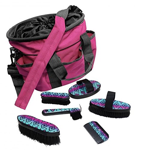 Showman 6 Piece Navajo Print Grooming Kit with Nylon Cordura Carrying Bag (Pink & Teal)