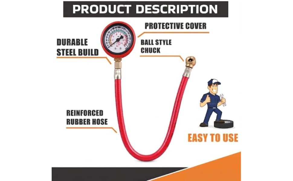 Image of Tire Pressure Analog Gauge with Hose - Heavy-Duty Air Pressure Checker for Car, Truck, Motorcycle, and Bike - Portable Manual PSI Meter (Pipe Hose Big Gauge)
