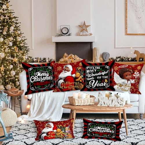 Lanpn 01-18X18 Black Santa 18X18 Christmas Pillow Covers Set Of 4, Black African American Claus Girl Decorative Holiday Throw Pillow Case Cushion Cover 18 X 18 thumb #2
