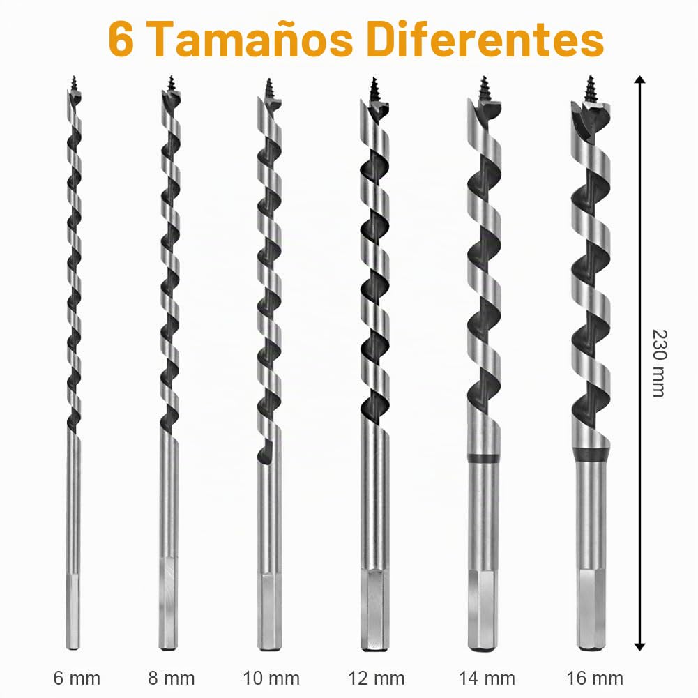 Flintronic 7 Piezas Brocas Helicoidales para Madera, 6/8/10/12/14/16/18 mm Brocas Largas de Madera Espiral, 230mm Longitud, Broca-s Helicoidales Taladro Hexagonal para Corcho y Made-ra Dura