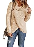 Asvivid Cowl Neck Fall Sweaters for Women Fashion 2021 Knit Womens Sweaters Asymmetrical Wrap Button Pullover Sweater Beige Sweater S