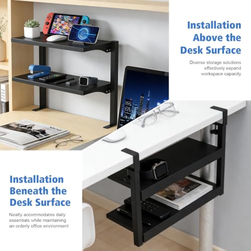 Image of 2-Tier Clamp-On Desk Shelf Organizer, Steel 16 in Shelf, Large | Heavy Duty, Expandable Above /Under Desk Storage Shelves, Desktop Extender Accessories for Office Study Room
