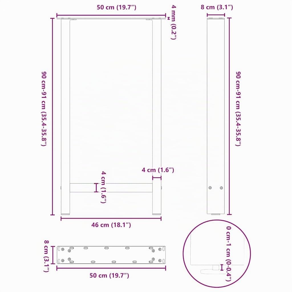 vidaXL Patas para Mesa de Bar Negras (2 Unidades, 50 x 90-91 cm, Acero)