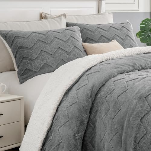 Image of BEDELITE Fluffy Sherpa California King Comforter Set,Grey | Super Soft & Warm Fleece Bedding, Luxury Fuzzy Comforter for Winter, Heavy Plush Bedding Set,2 Pillowcases