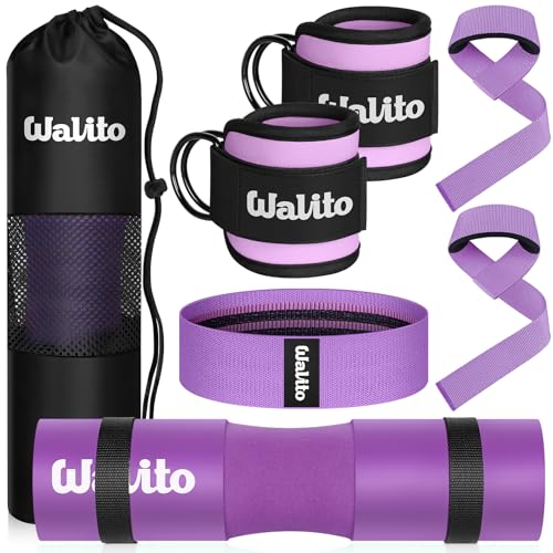 WALITO 8-teiliges Langhantel-Pad-Set für Hüftschub – Kniebeugenpolster für Langhantel-Lunges, Bankdrücken, mit 2 Fitness-Knöchelriemen, Widerstandsbändern für Training, 2 Hebegurte, Tragetasche