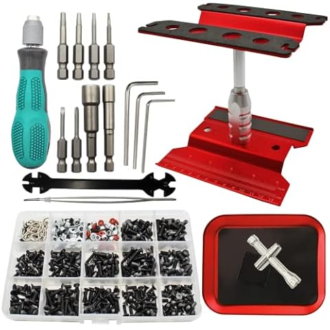 RC Car Repair Work Stand Repair Tool Set 360 Degree Rotation and 523 PCS RC Screws Kit & RC Screwdrivers and Screws Pallet Kit for 1/8 1/10 1/12 1/16 1/18 RC Crawler Car Truck Buggy (Red) Cover