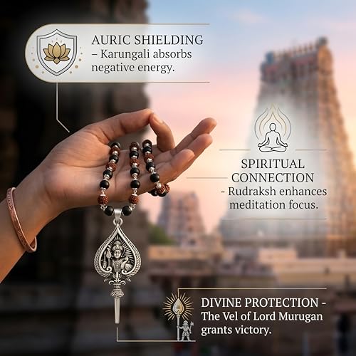 Image of Gratify Rudraksha Karungali Mala 8mm 54 Beads with Lord Murugan Vel Pendant | Natural Ebony Wood Spiritual Necklace for Meditation, Protection, Focus & Positive Energy | Unisex Mala