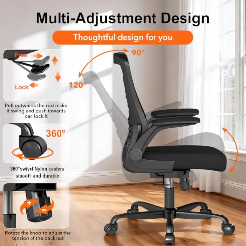 Image of Ergonomic Office Chair, Mesh Computer Chair with Flip-Up Arms | Black Areathable Mesh, Adjustable Height, 360-Degree Swivel Wheels, Flip-up Armrests, Space-Saving Seat for Home Office