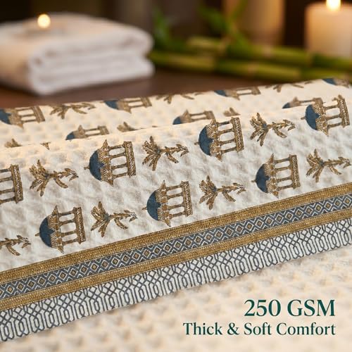 Image of Mafatlal Madhuban Soft Cotton Towel Set (1 Bath 147x76 cm + 2 Hand 76x38 cm) | 250 GSM | Absorbent, Hand Printed Floral | Dried Tobacco