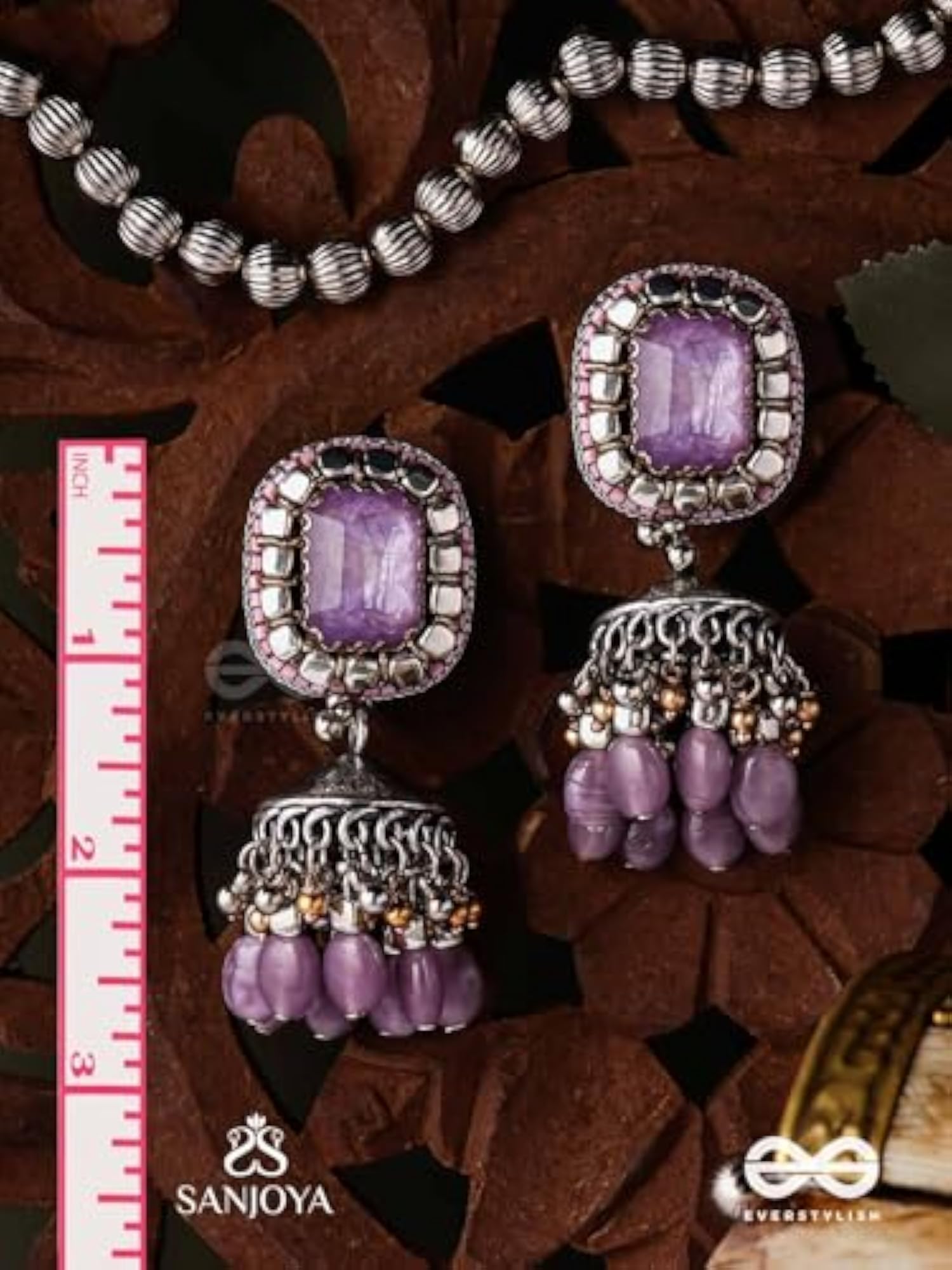 Women's Embroidered Jhumka Earrings with Lavender Stone