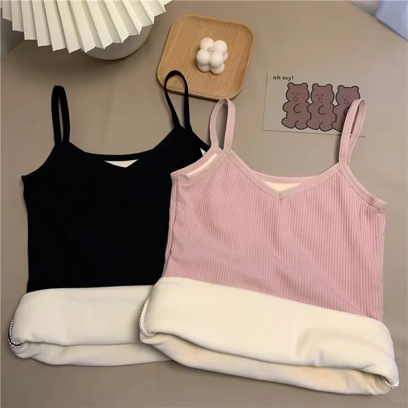 Image of Women's Thermal Fleece-Lined Ribbed Camisole Tank Top -School Girls Adjustable Spaghetti Strap Undershirt, Winter Warm Base Layer Cami, Soft Stretch Sleeveless Top