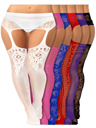 Image of Jadive 6 Pairs Women Plus Size Suspender Tights Fishnet Thigh High Stockings Garter Belt Lingerie Pantyhose