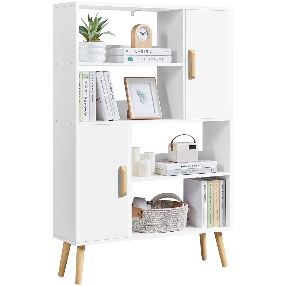 Yaheetech Librería de Madera Estantería de Libros | con 2 Armarios con Puerta y 4 Estantes Abiertos Armario Auxiliar con Patas para Estudio, salón, Dormitorio, Oficina Blanco