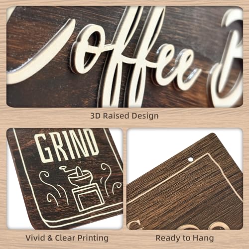 Image of 3 Piece Coffee Bar Decor Signs, Rustic Farmhouse Kitchen Wall Art with 3D Layered Wood Design, Themed Set for Coffee Station Accessories & Nook Decoration