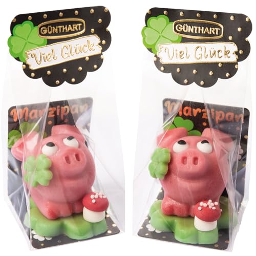 Günthart 2 Stück Marzipan Schweinchen auf Kleeblatt im Cellophanbeutel einzeln verpackt 2er Pack (80 gr)