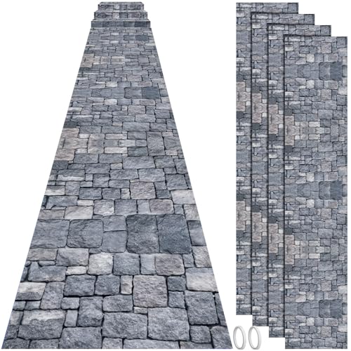 Fabbay 4 Pack 10ft Cobblestone Aisle Runners Medieval Party Decorations Polyester Brick Stone Printed Floor Runners for Medieval Castle Knight Themed Party Supplies Halloween Castle Table Cover