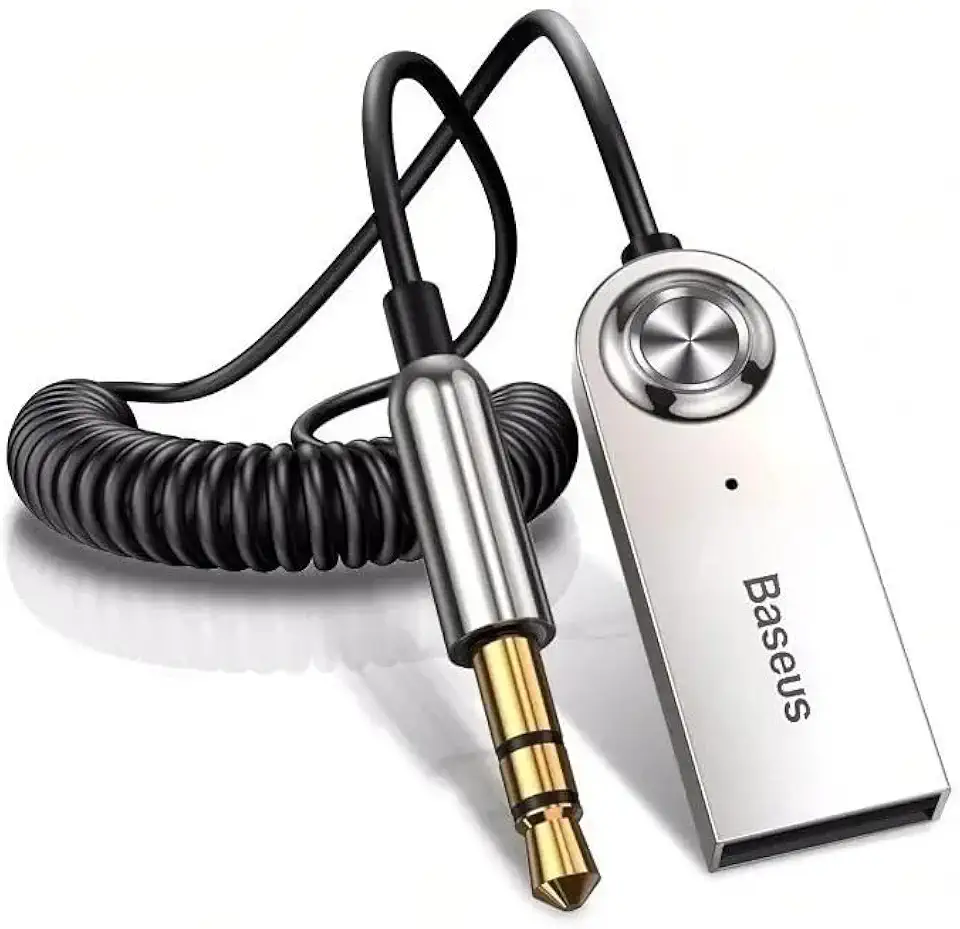 Adaptador Áudio Bluetooth 5.0 Baseus Veicular P2 Carro para rádio Music Receiver Mp3 com Microfone Viva Voz Celular Atende Ligações