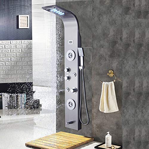 Saeuwtowy Panel de Ducha LED Panel de Hidromasaje en Acero Inoxidable Con Ducha de Mano y Manguera de Baño Panel de Ducha Grifería Efecto Lluvia Masaje Set