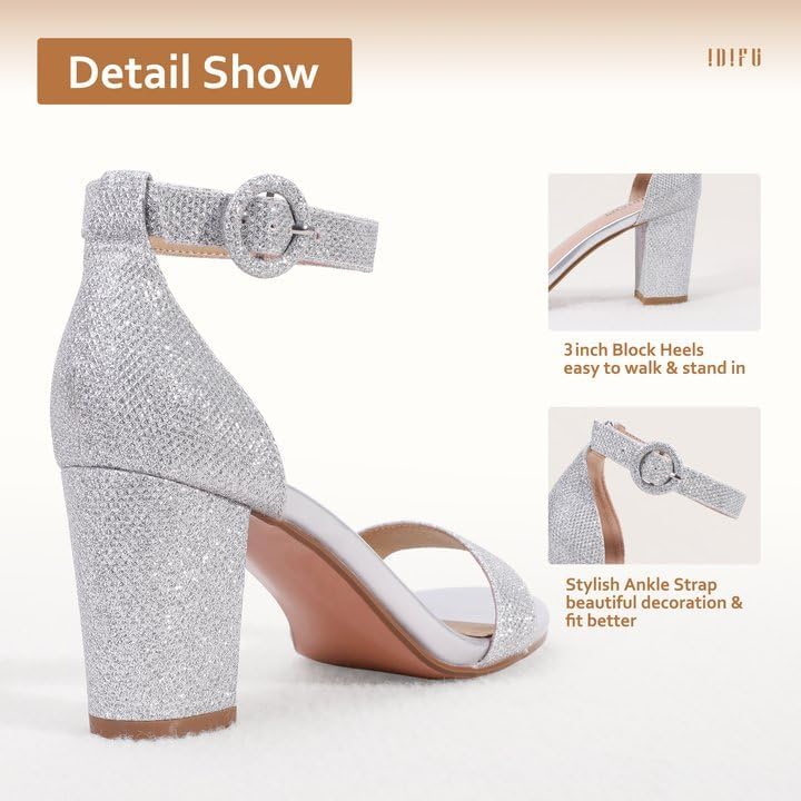 IDIFU Women IN3 Amy Block Heel Dress Sandals Open Toe Wedding Prom Homecoming Shoes for Bride Bridesmaid Ladies with Round Buckle (Silver Glitter, 12 M US) | Image 2