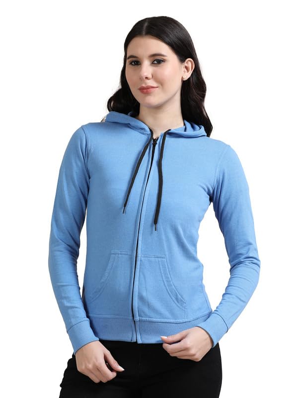 Image of Wafaa Women's Cotton Plain Hooded Neck Full Zipper Sweatshirt Hoodies with Kangaroo Pocket