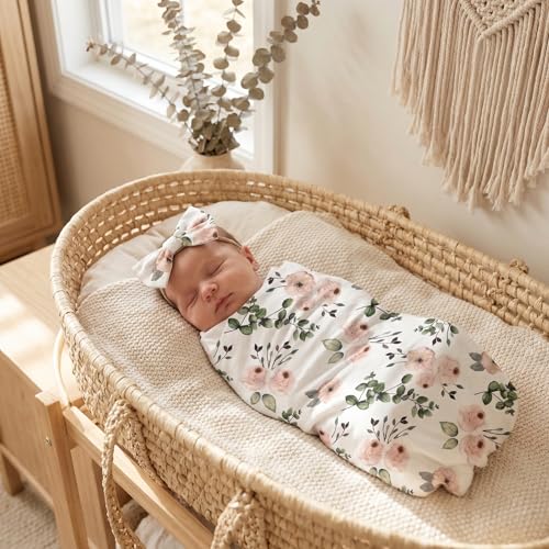 Image of Floral Receiving Blankets for Baby Girls Swaddle Blanket with Headband Set