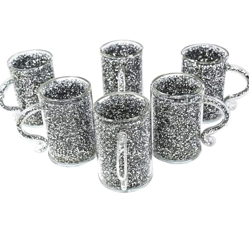 Silver Crushed Diamond Crystal Filled Glass Mug Turkish Coffee Te...