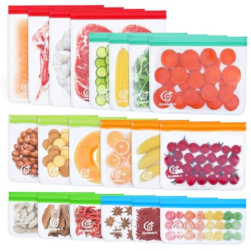 Joyoldelf Sacchetti Freezer Riutilizzabili - 20 Pezzi Sacchetti Alimenti in Peva con Chiusura, Buste Trasparenti Sacchetti Congelatore In Silicone Senza BPA per Panini Pranzo Verdure Latte Snack Carne