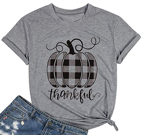 Thanksgiving Thankful T Shirt for Women Cute Plaid Pumpkin Shirt Casual Fall Short Sleeve Holiday Tops Grey