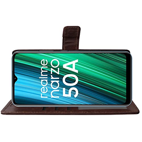 Image of Amazon Brand - Solimo Flip Leather Mobile Cover (Soft, Flexible & Kickstand Back case) Compatible for Realme Narzo 50A (Coffee)