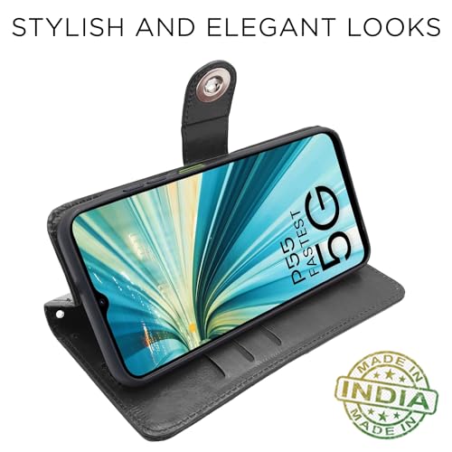 Image of Pikkme itel P55 5G Flip Cover Leather Finish | Inside TPU with Card Pockets | Wallet Stand and Shock Proof | Complete Protection Button Flip Case (Black)