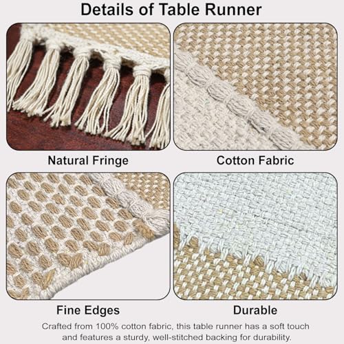 Image of Luxe Home Elegant Beige and White Woven Table Runner with Tassels - Cotton 13.5 x 77 Inch, Rustica - Perfect for Dining Table, Center Table, Decor Pack of 1