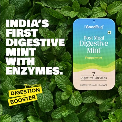 Image of The Good Bug Post Meal Digestive Mints - Peppermint | Post Meal Digestion Booster | 7 Digestive Enzymes | Helps Reduce Post-Meal Heaviness, Bloating, Acidity & Discomfort | No Added Sugar | 28 Mints (14 x 2 Packs) (Pack Of 2, Peppermint)