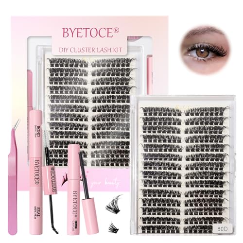 80D Wispy Lash Clusters Natural Lash Extensions Kit 224 PCS Individual Lashes Clusters Kit 14 Pairs D Curl Left & Right Eyelash Cluster Kit with Glue Tweezers Brushes, Lashes DIY at Home Bla
