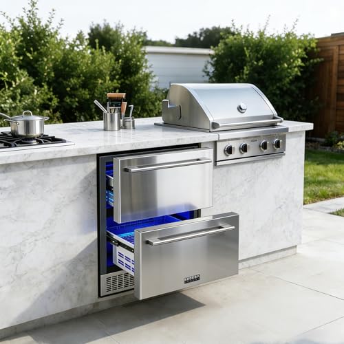 Image of BODEGA 24 Inch Beverage Fridge under Counter, 2 Drawer Outdoor Coolers for Patio and Deck Weatherproof, Stainless Steel Beverage Refrigerator for Beer, Soda, Holds 180 Cans